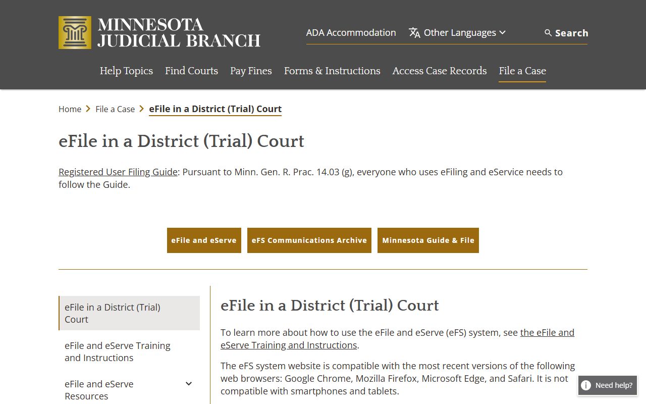 Dodge County Court Administrator Minnesota Judicial Branch eFile in District Court page