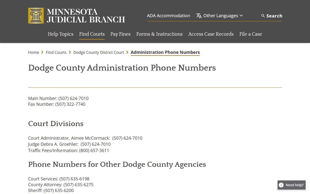 Dodge County District Court contact page for local court administration