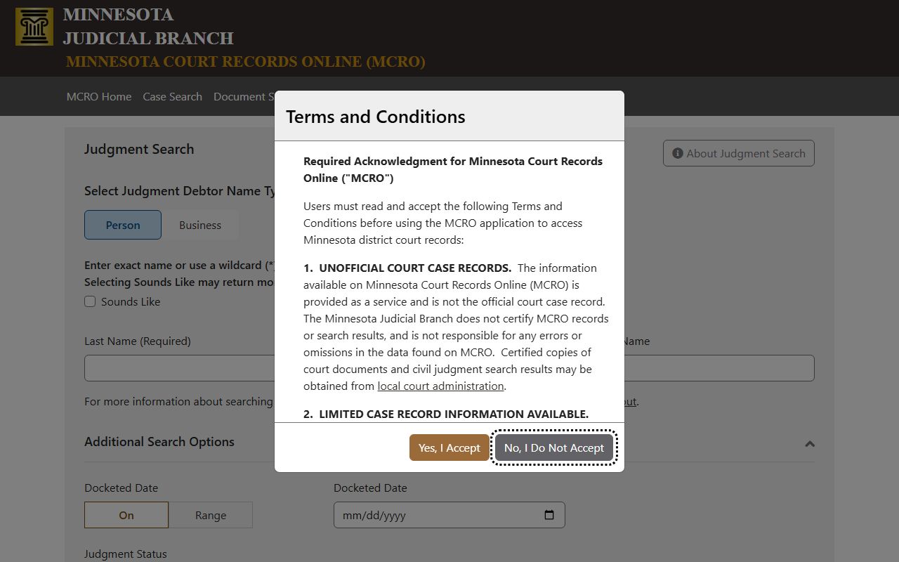 Dodge County court records MCRO Judgment Search portal