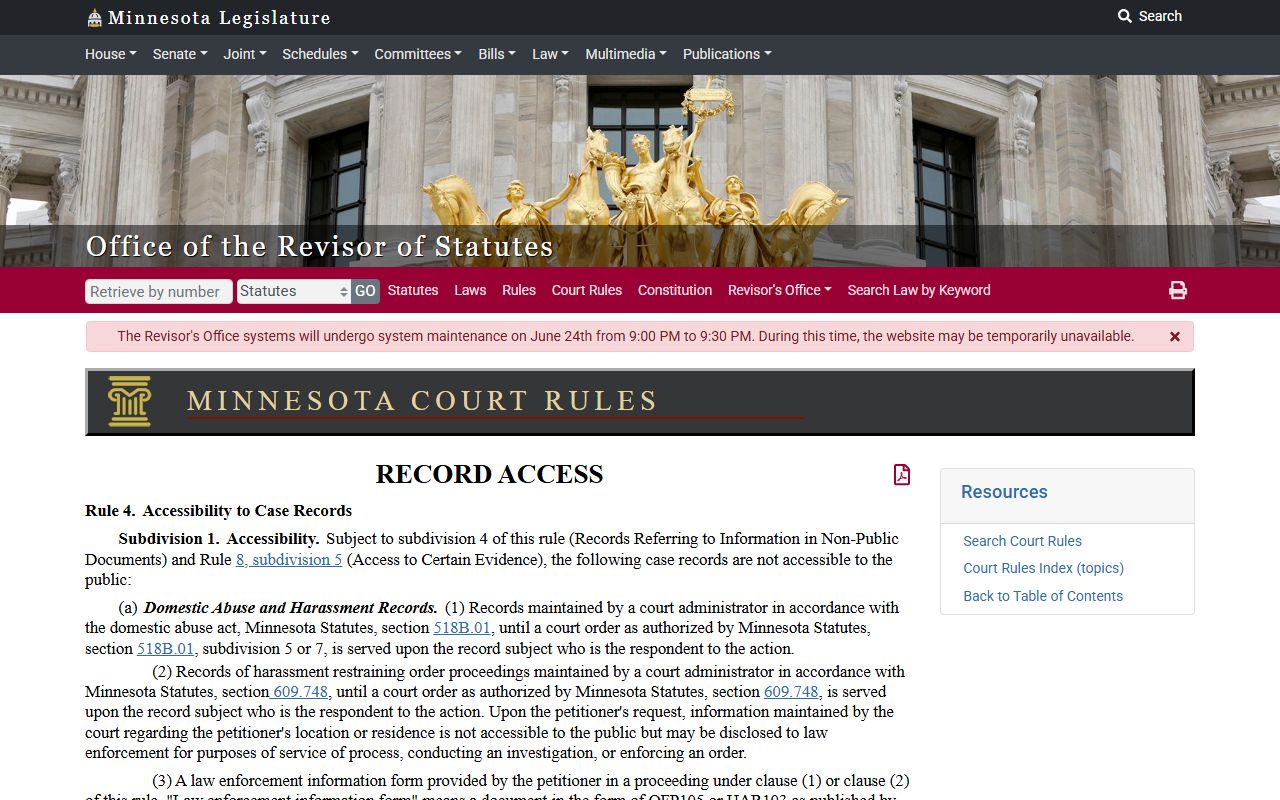 Dodge County court records Minnesota Rule of Public Access 4