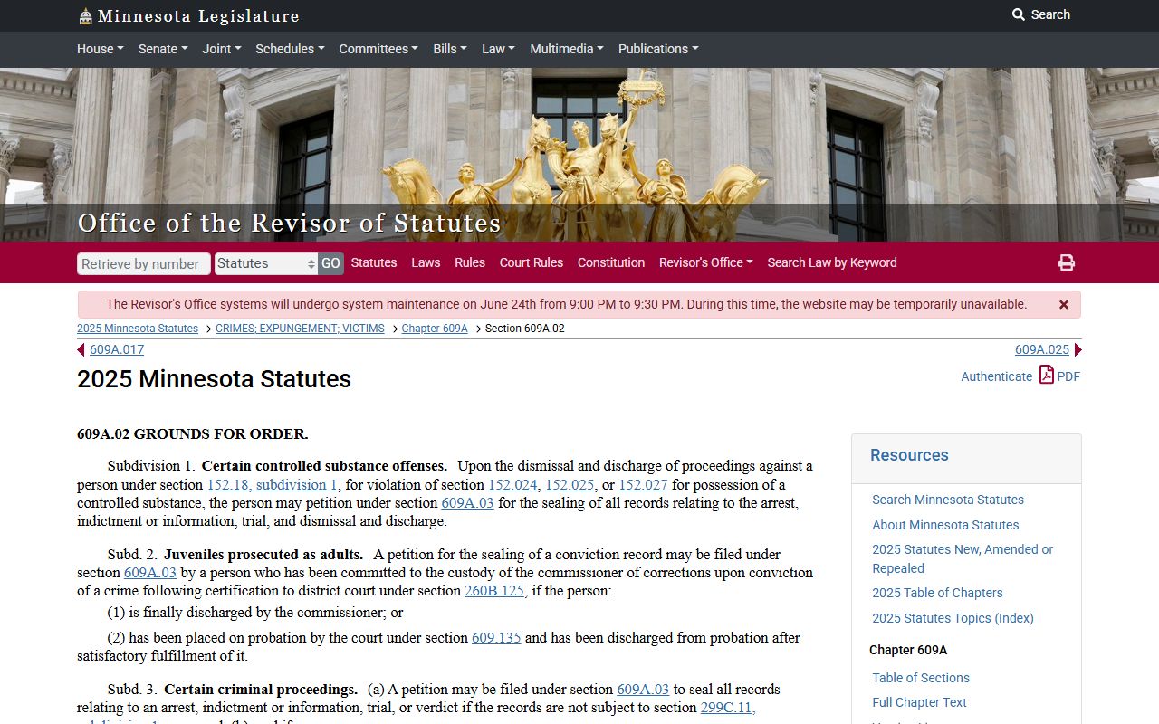 Dodge County criminal court records Minnesota expungement grounds statute