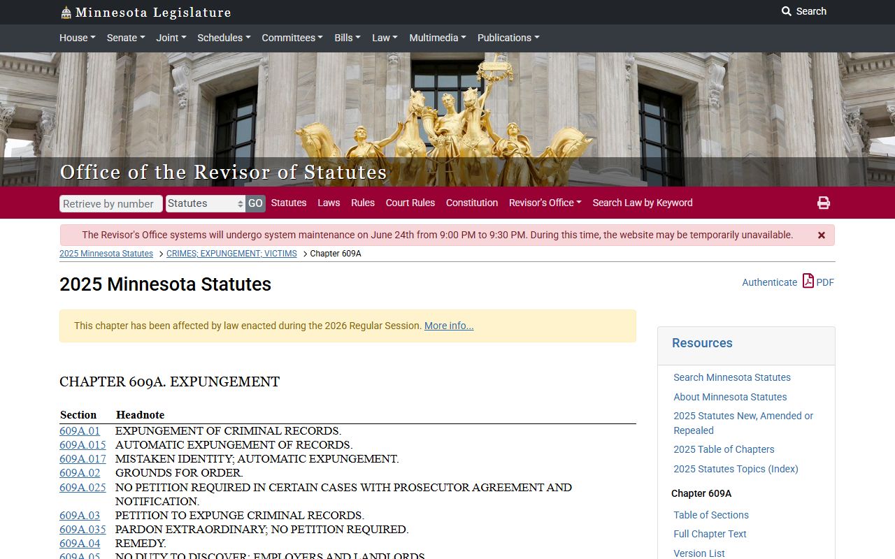 Dodge County criminal court records Minnesota chapter 609A expungement law