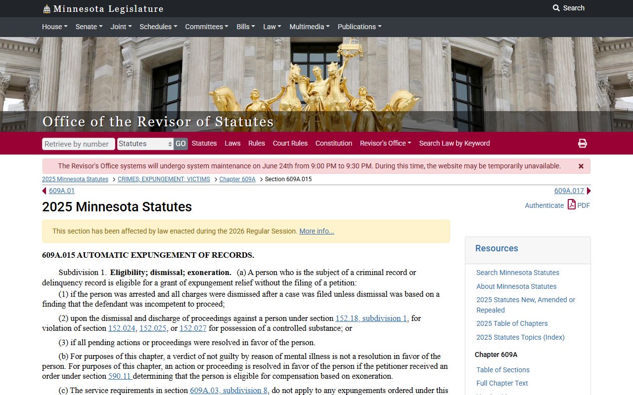 Dodge County criminal court records Minnesota automatic expungement statute