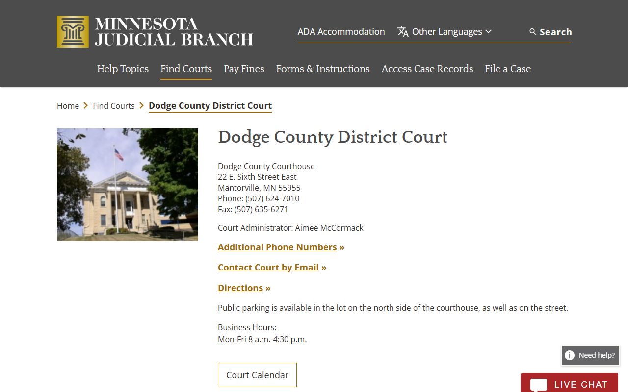 Minnesota Judicial Branch Dodge County District Court page