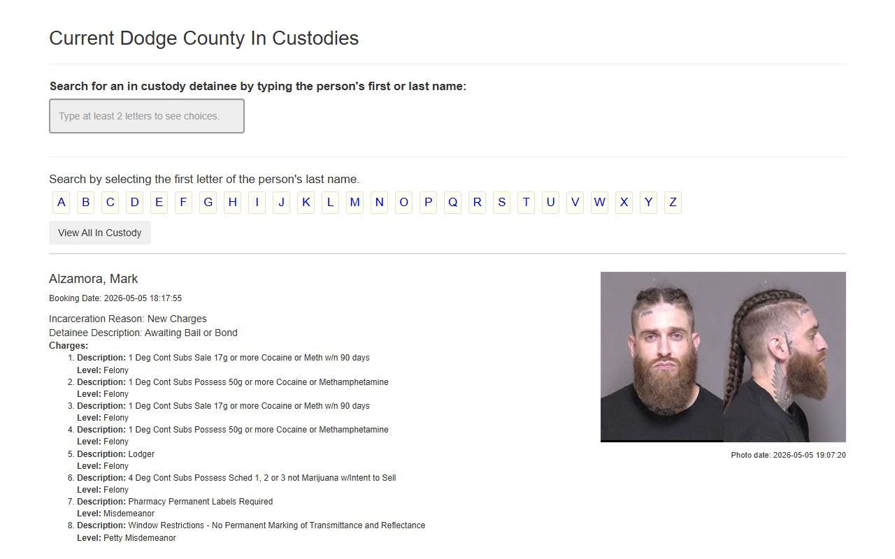Dodge County inmate records current in custody roster