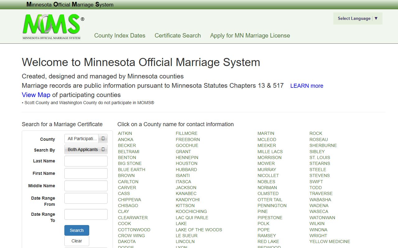 Dodge County marriage records Minnesota Official Marriage System search