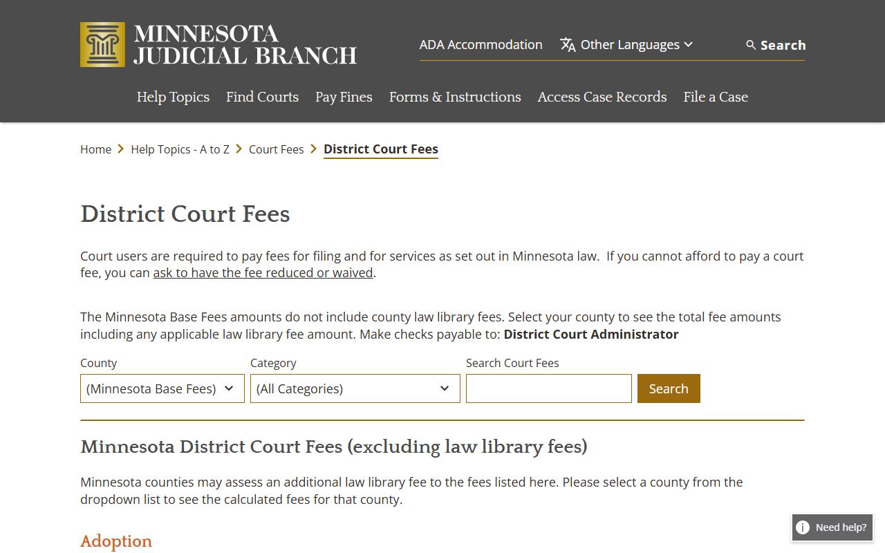 Dodge County probate records Minnesota District Court fee schedule