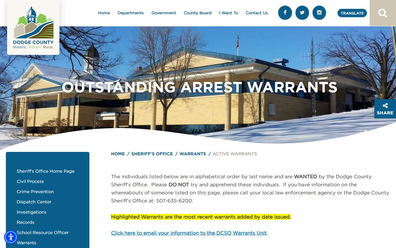 Dodge County warrant records active warrants list